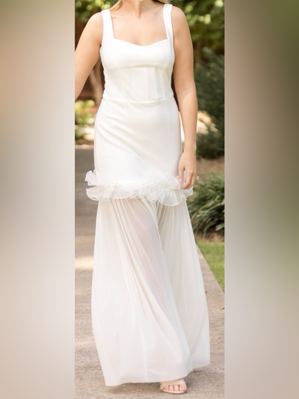 Elegant White Sheer Ruffle Hem Maxi Dress
